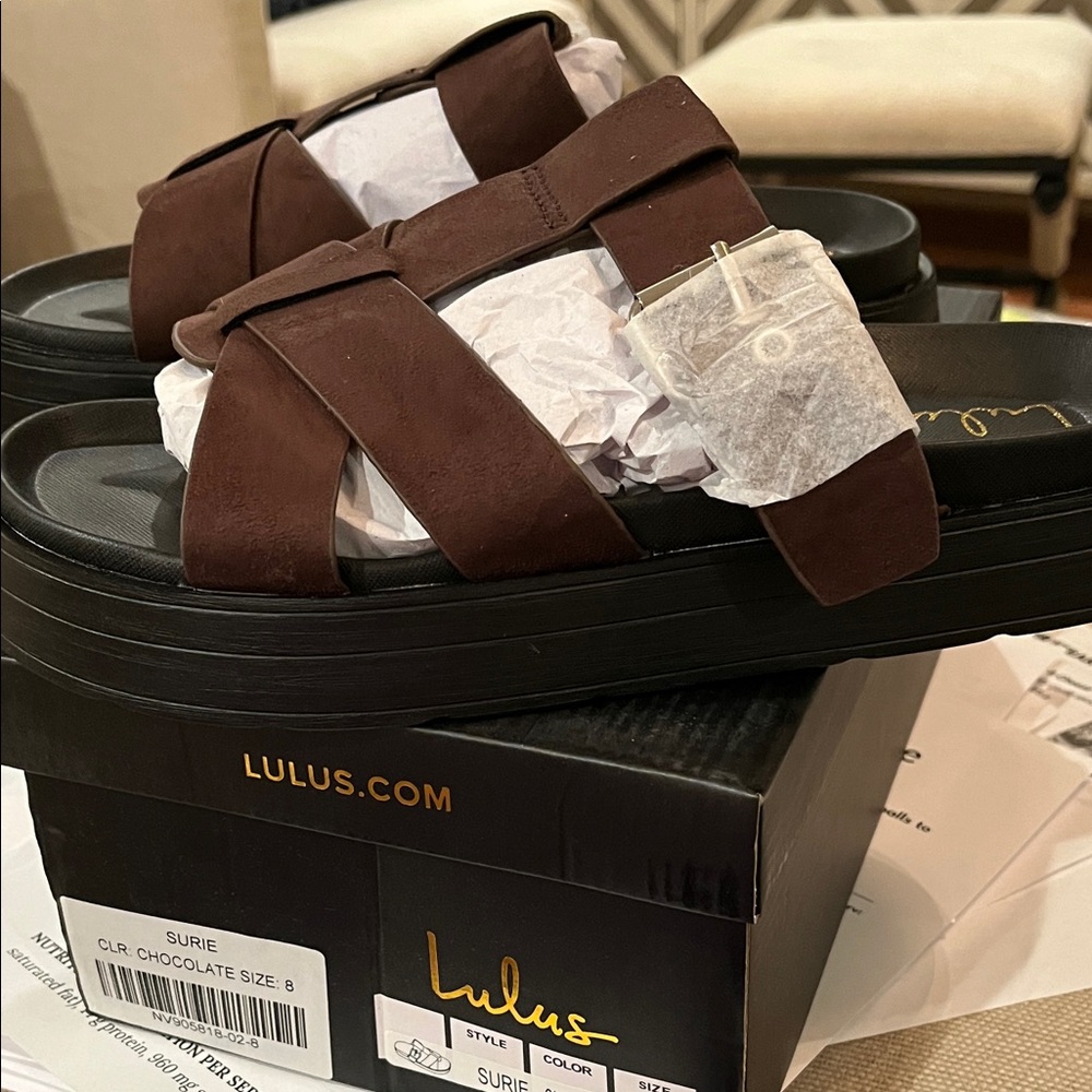 Lulus Surie Chocolate Brown Suede Strappy Flatform Slide Sandals/NIB/Size 8 - Picture 10 of 15